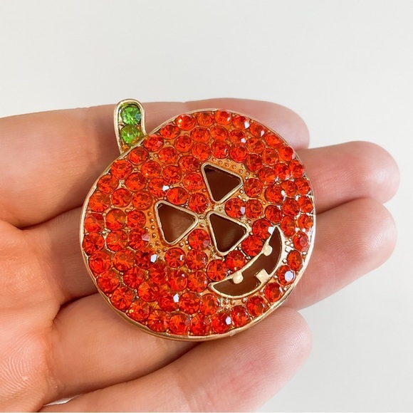 Jewelry - Orange Sparkly Rhinestone Pumpkin Brooch For Halloween